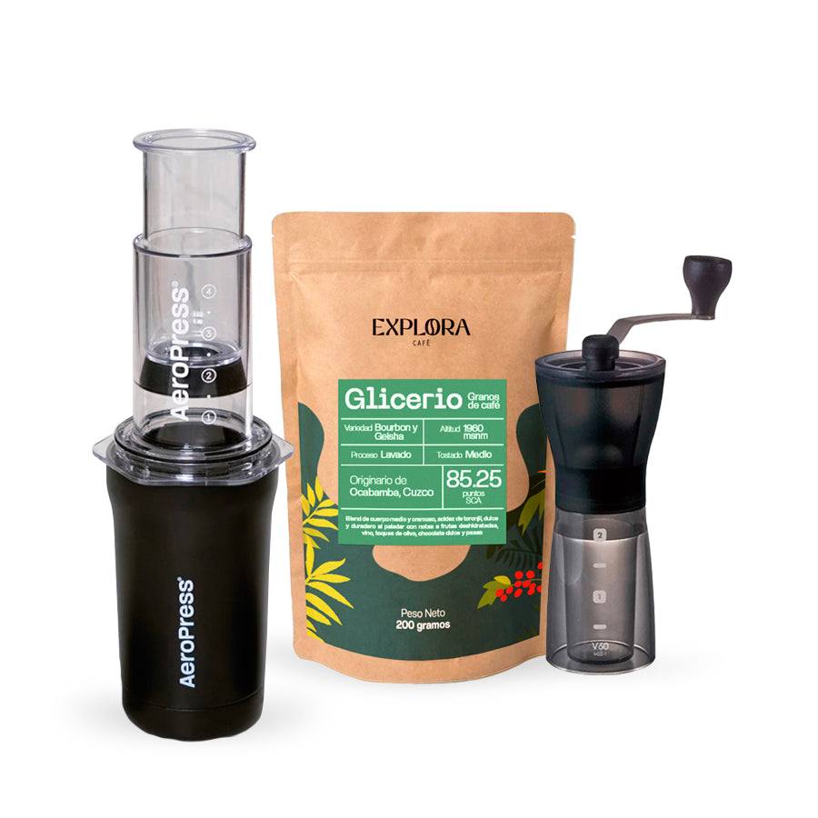 AeroPress Go Plus portable coffee maker, Hario Slim manual grinder, and specialty coffee pack