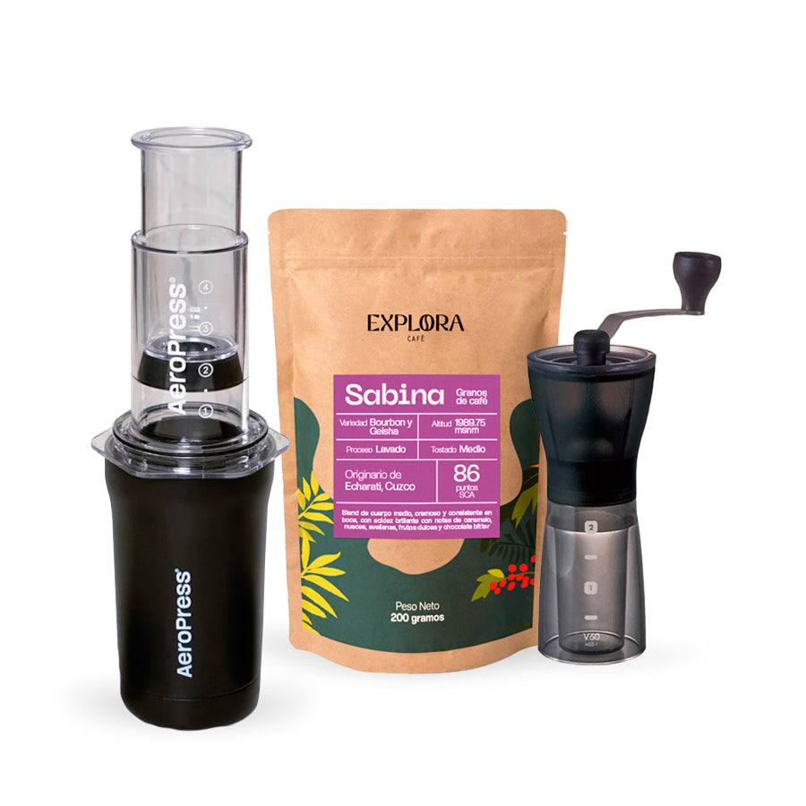 AeroPress Go Plus portable coffee maker with Hario Slim manual grinder and specialty coffee pack