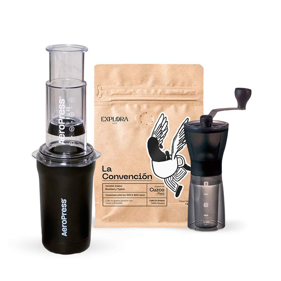 AeroPress Go Plus coffee maker, Hario Slim manual grinder, and specialty coffee pack