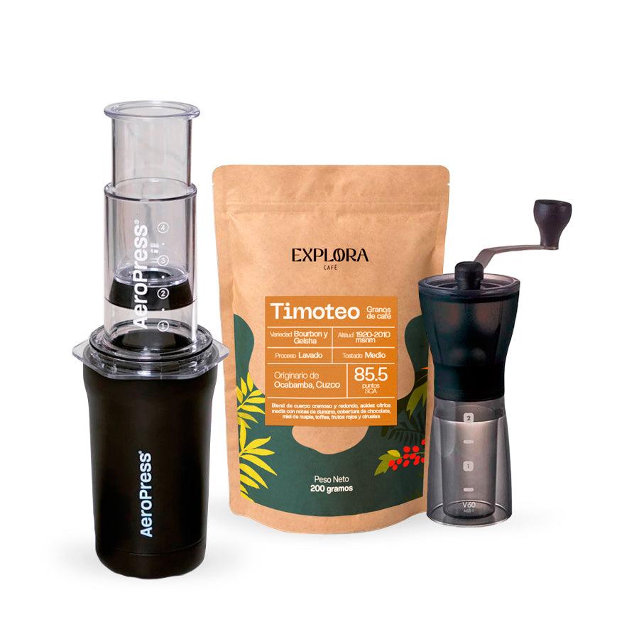 AeroPress Go Plus portable coffee maker with Hario Slim manual grinder and specialty Timoteo coffee beans pack