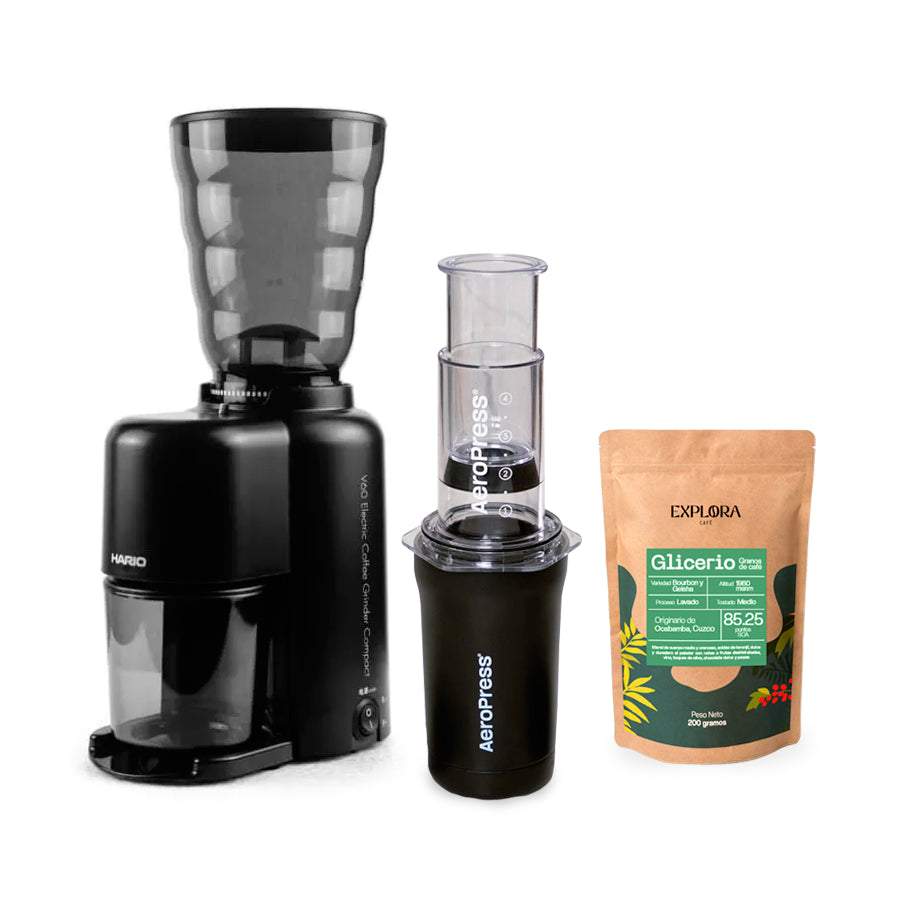 AeroPress Go Plus portable coffee maker with Hario electric grinder and specialty coffee pack