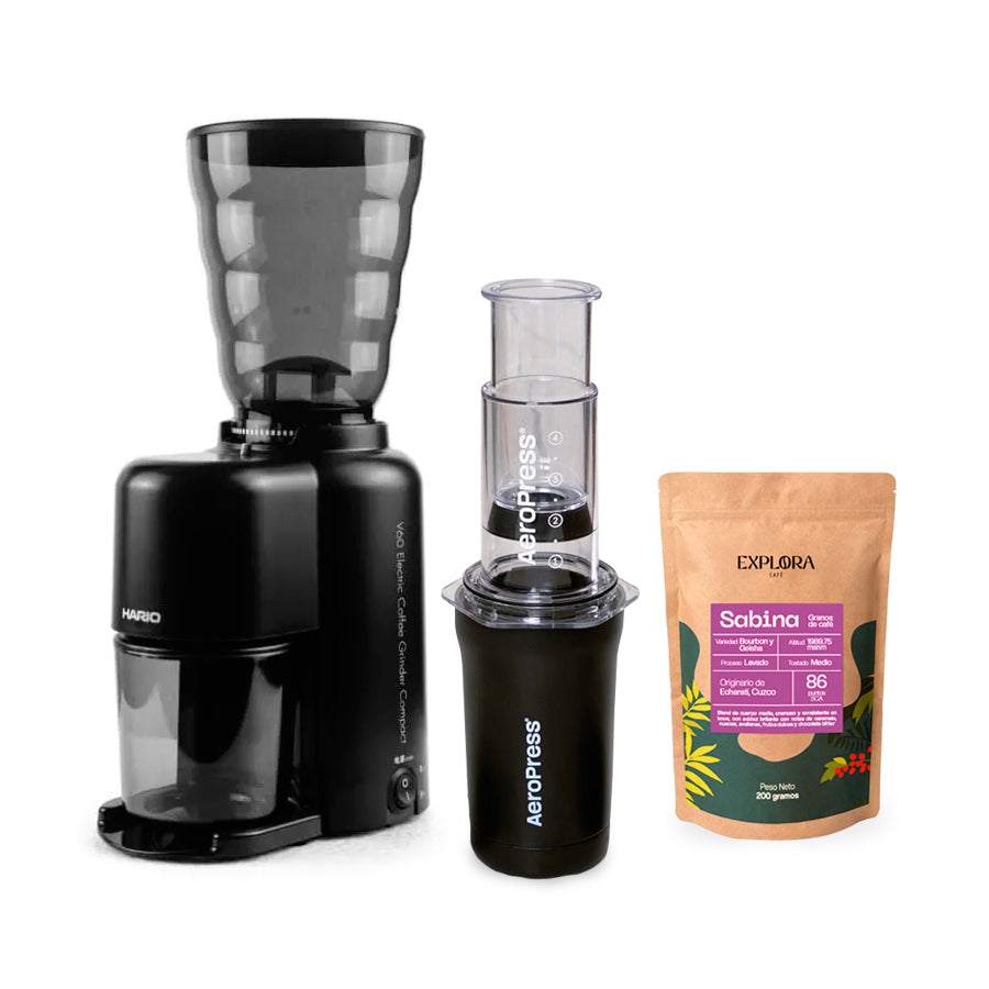 AeroPress Go Plus portable coffee maker with Hario electric grinder and specialty Sabina coffee pack