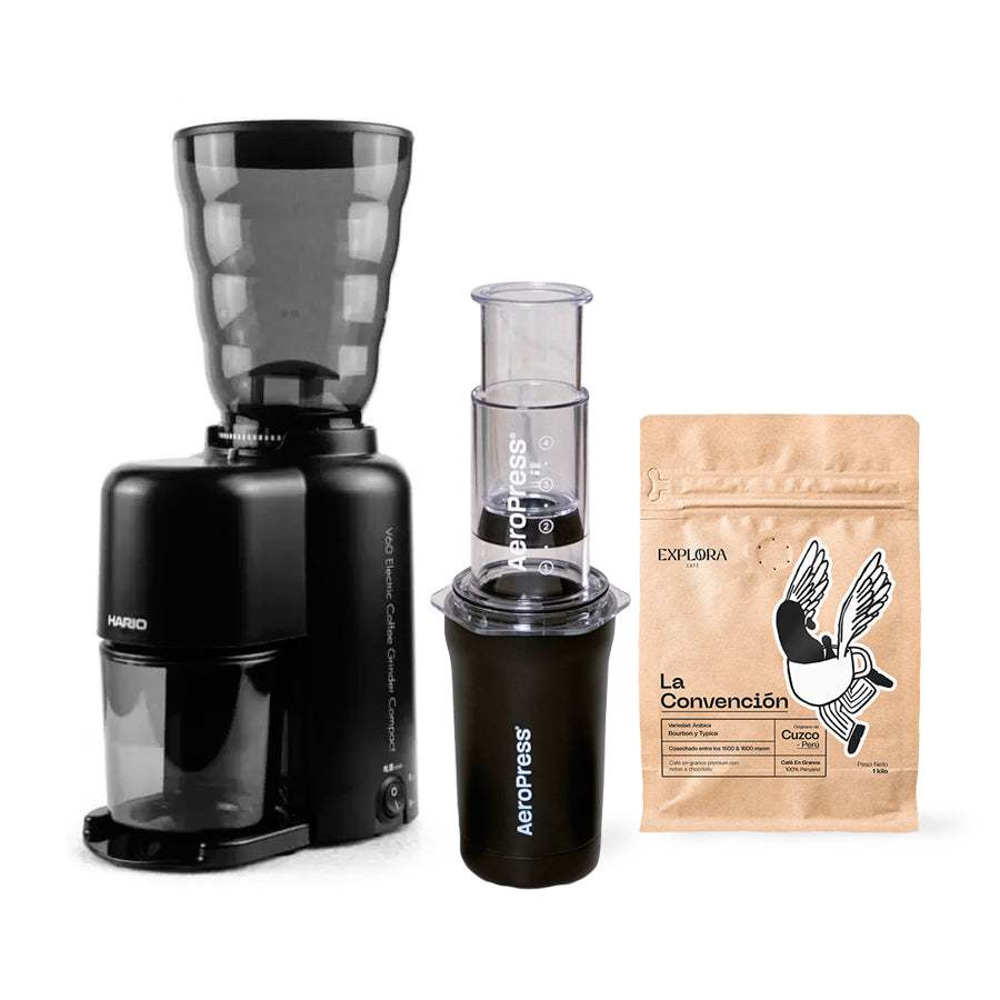 AeroPress Go Plus coffee starter pack with Hario electric grinder and specialty coffee beans