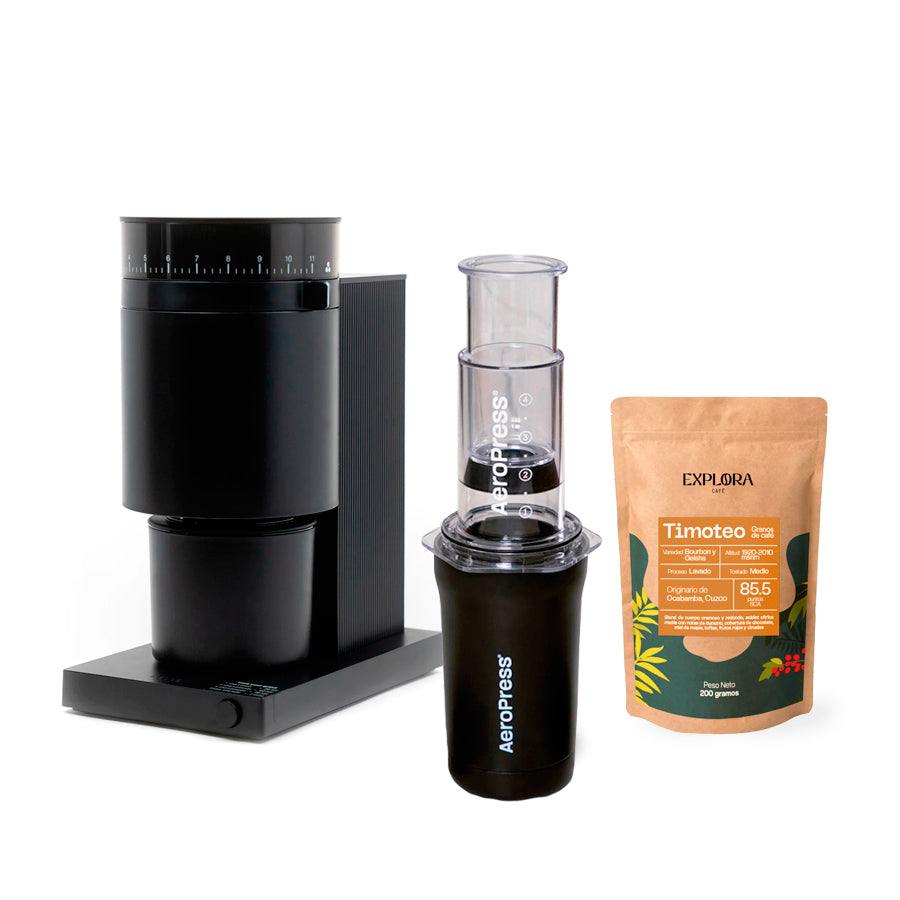 AeroPress Go Plus portable coffee maker with Fellow Opus black electric grinder and Timoteo specialty coffee beans pack