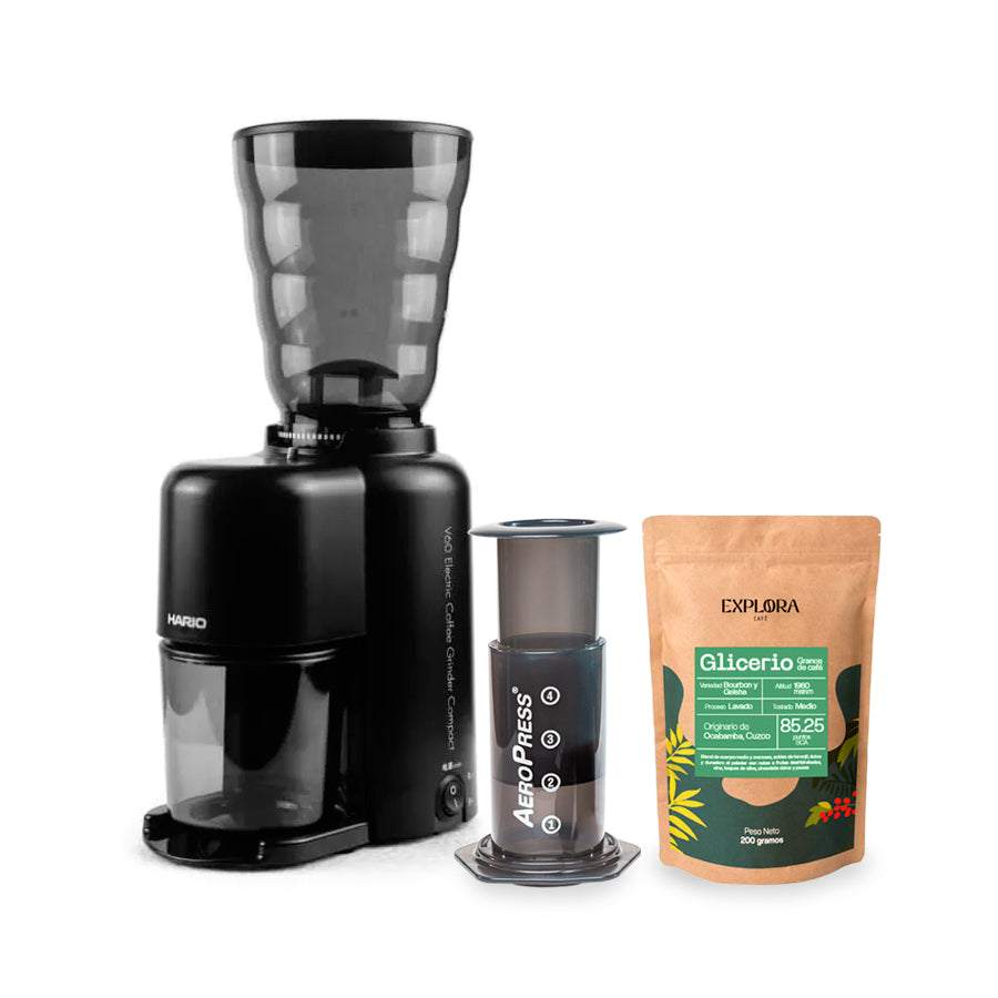 Starter pack with AeroPress Original coffee maker, Hario electric grinder, and specialty Glicerio coffee beans