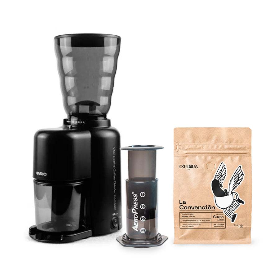Starter pack with AeroPress Original coffee maker, Hario electric grinder, and specialty coffee blend La Convención