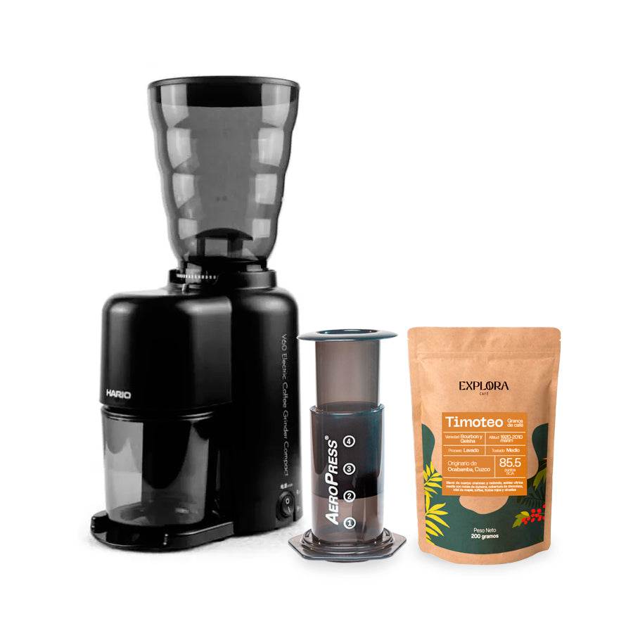 Starter pack with AeroPress Original coffee maker, Hario electric grinder, and specialty Timoteo coffee beans