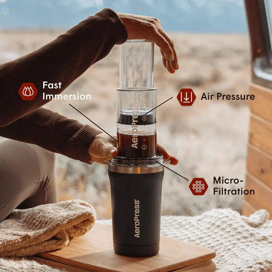 AeroPress Go Plus portable coffee maker brewing specialty coffee with fast immersion, air pressure, and micro-filtration features in a black stainless steel travel cup