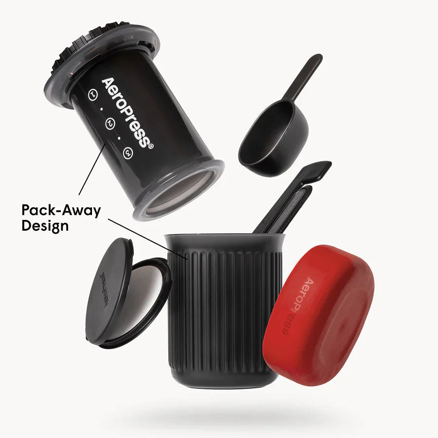 AeroPress Go portable coffee maker with 3-in-1 brewing system and travel cup