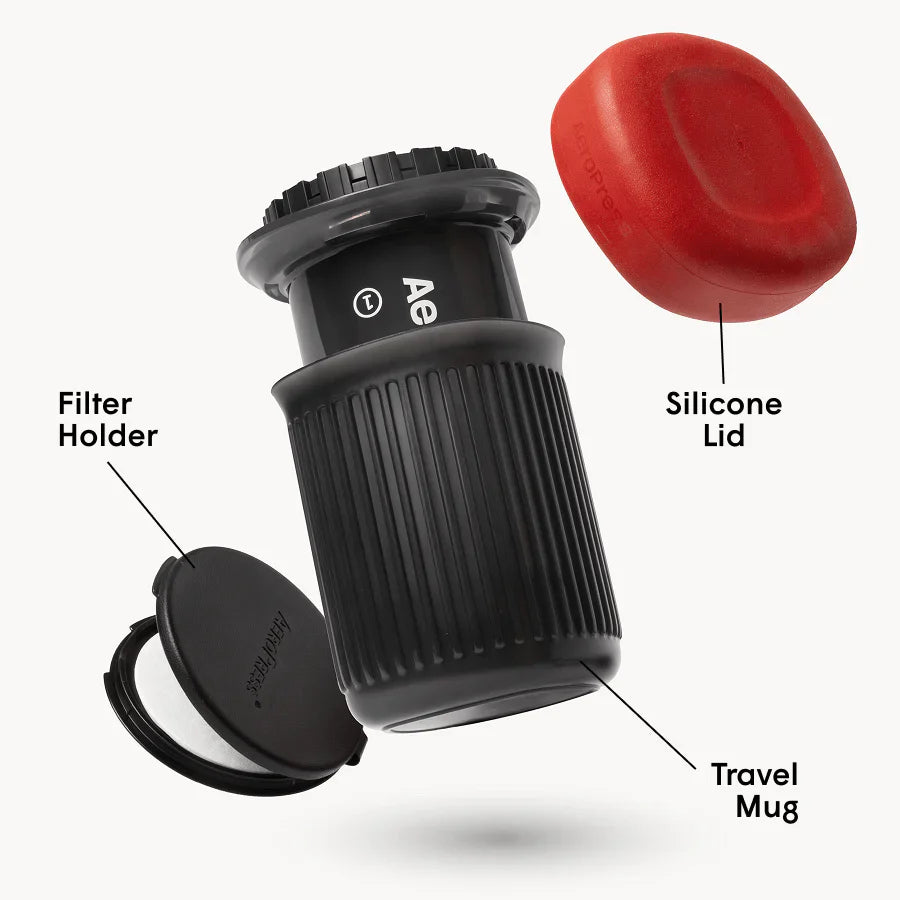 Compact AeroPress Go coffee maker kit for travel, brewing espresso to cold brew with 3-in-1 pressure system