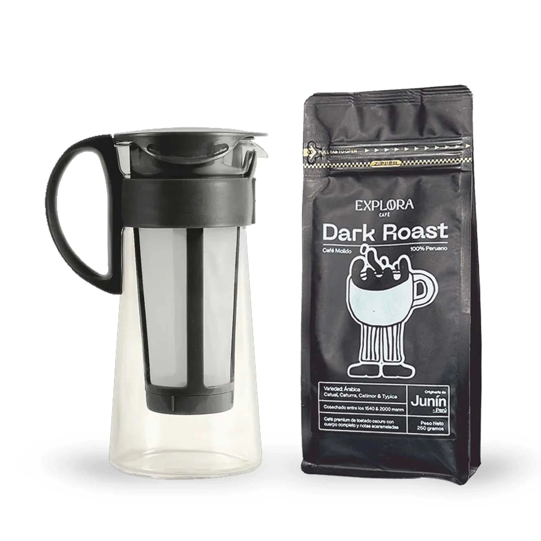Cafetera para Cold Brew Mizudashi negro de 600ml junto a café molido Dark Roast.