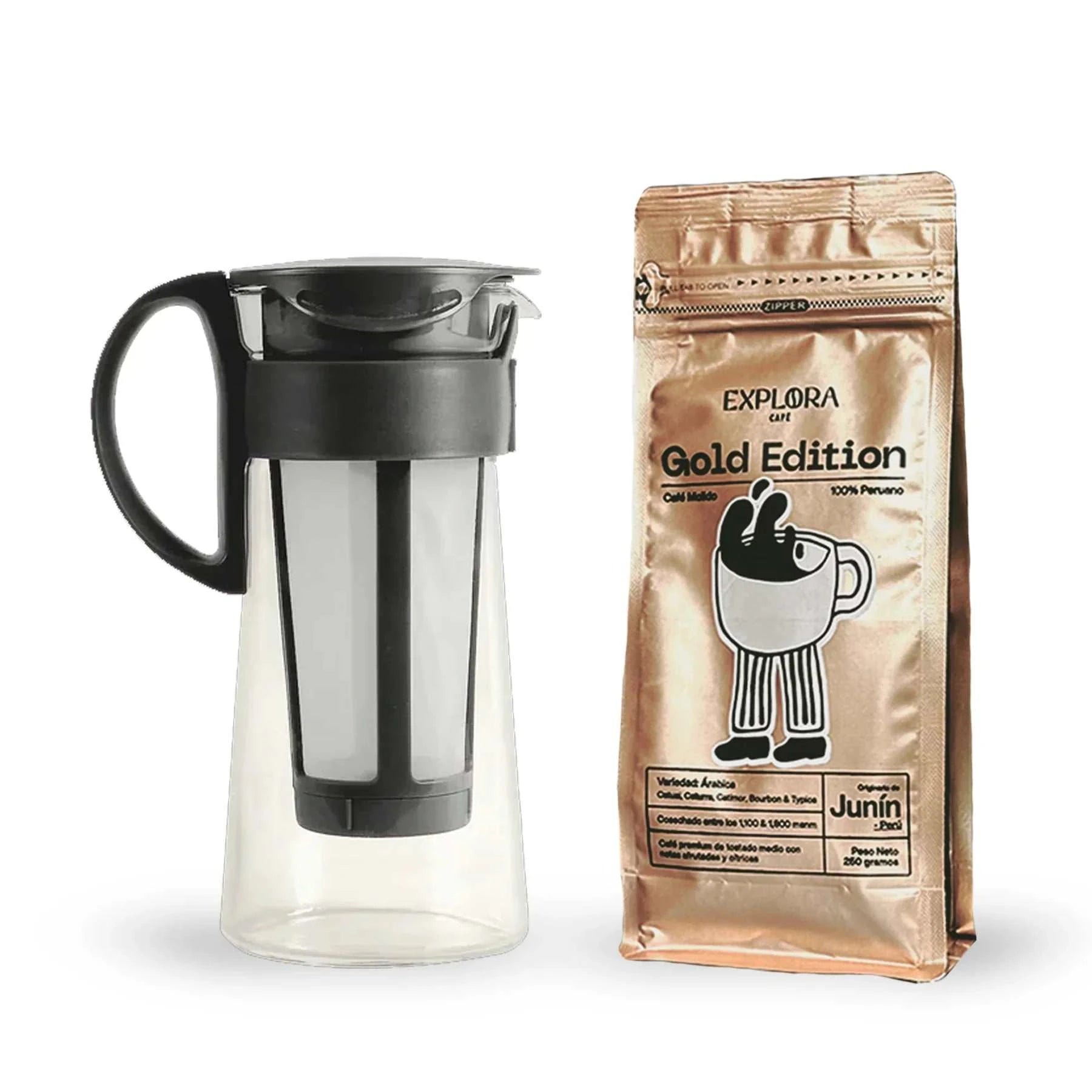 Cafetera para cold brew Mizudashi de Hario, 600ml, color negro, junto a bolsa de café.