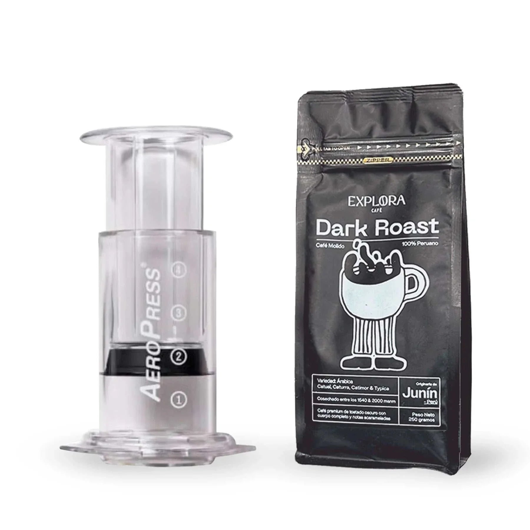 Cafetera AeroPress Clear transparente con café oscuro en bolsa de 250g Dark Roast