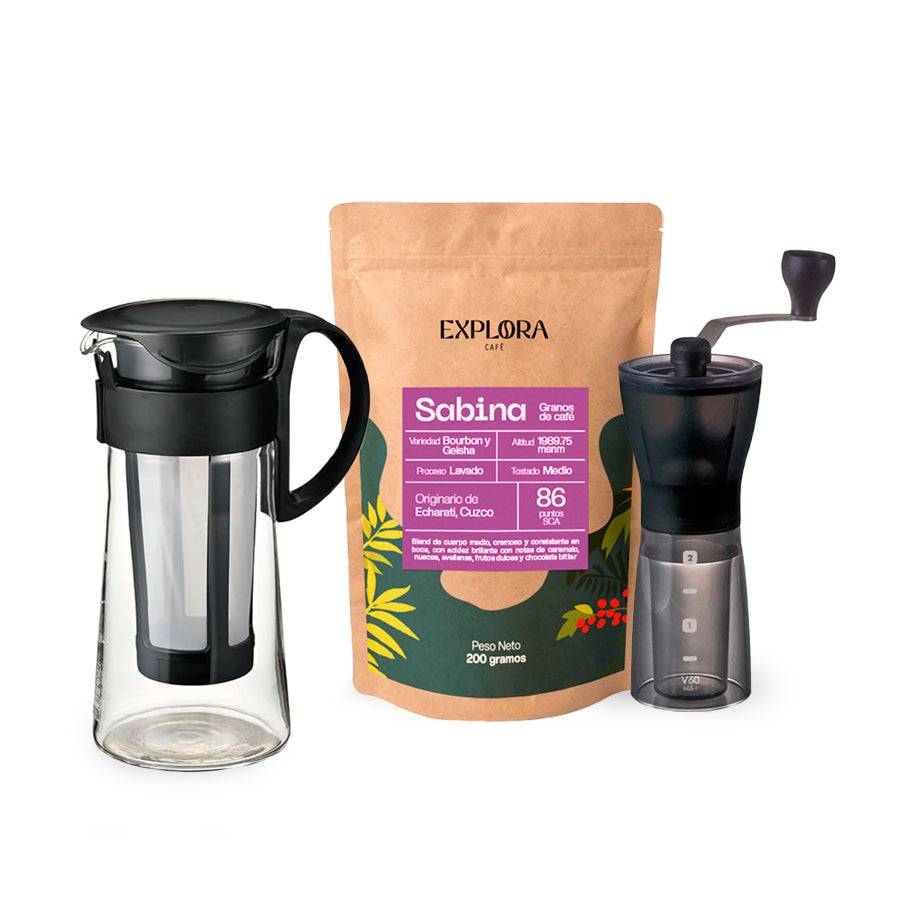 Hario Mizudashi Cold Brew jar with manual coffee grinder and specialty coffee pack