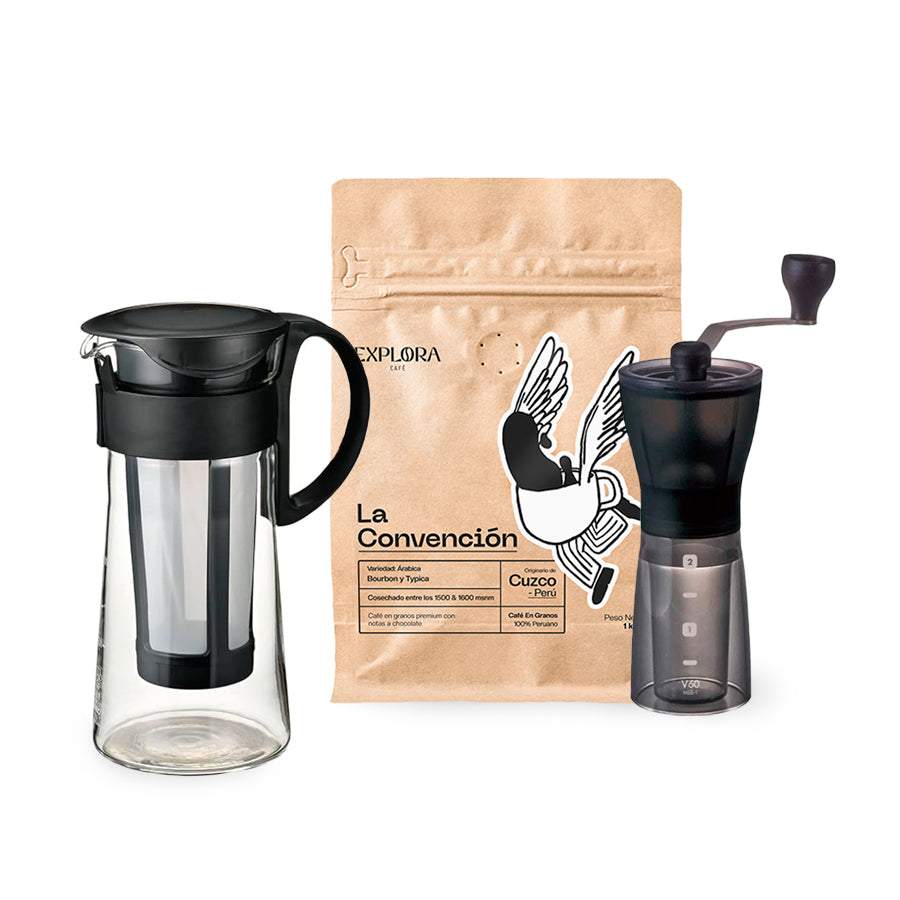 Hario Mizudashi Cold Brew jar with manual coffee grinder and specialty coffee pack