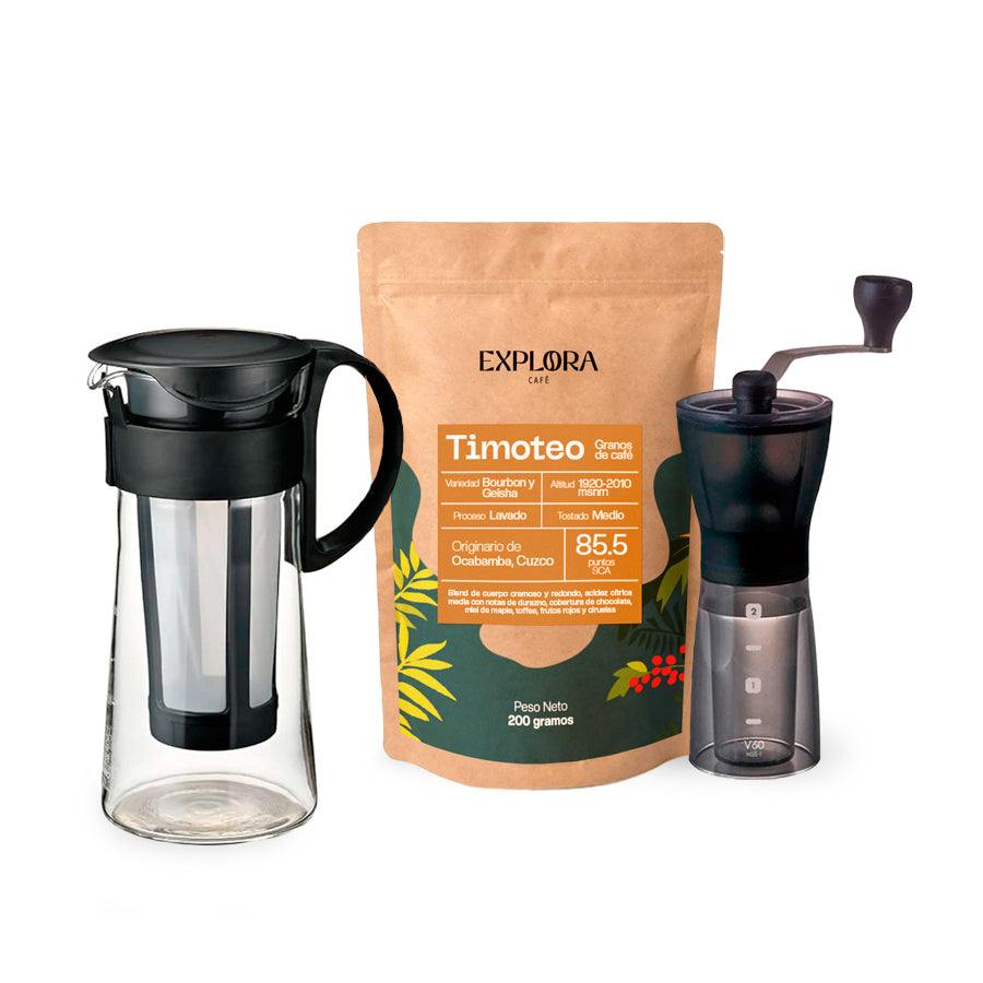 Hario Mizudashi Cold Brew jar, manual coffee grinder, and Timoteo specialty coffee beans starter pack