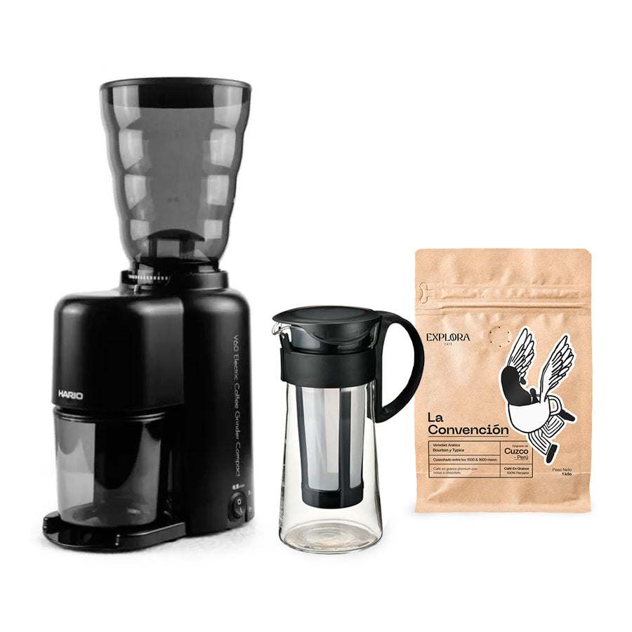 Hario Mizudashi Cold Brew starter pack with electric coffee grinder and specialty coffee beans
