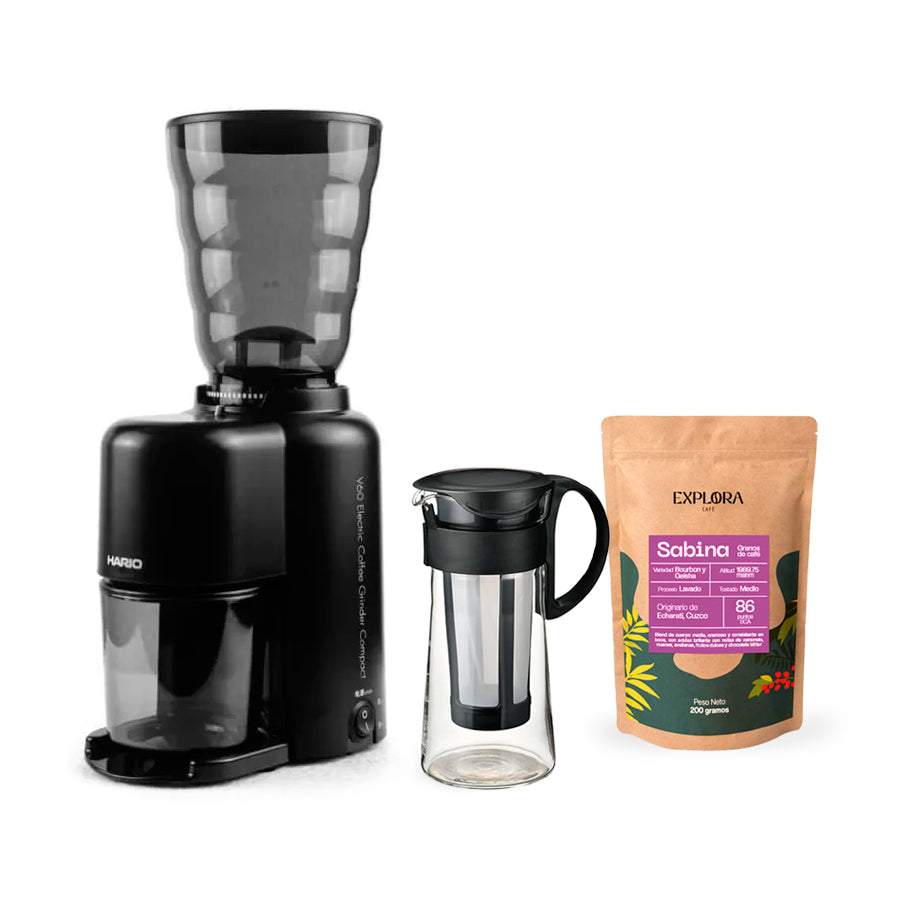 Hario Mizudashi Cold Brew set with electric coffee grinder and Sabina specialty coffee pack