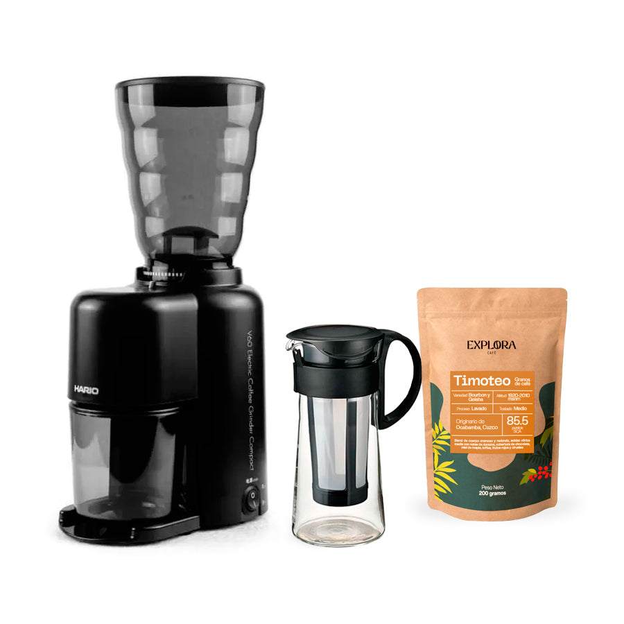 Hario Mizudashi Cold Brew set with electric V60 coffee grinder and specialty Timoteo coffee beans