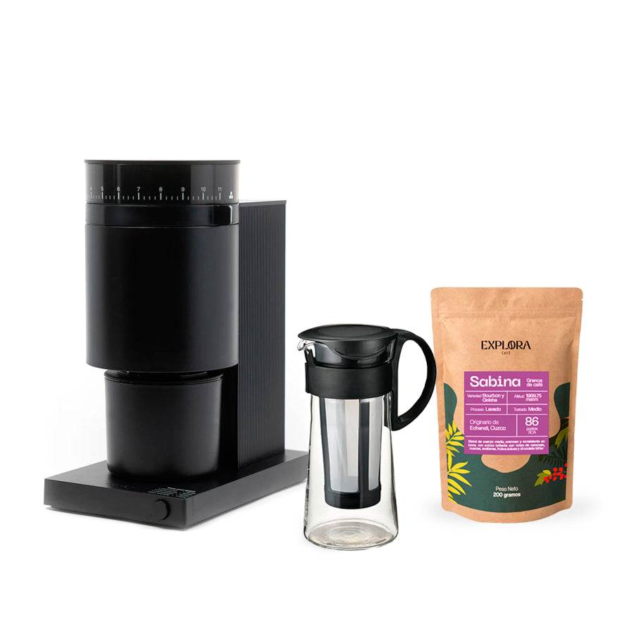 Hario Mizudashi Cold Brew starter pack with black Fellow Opus electric coffee grinder and Sabina specialty coffee beans