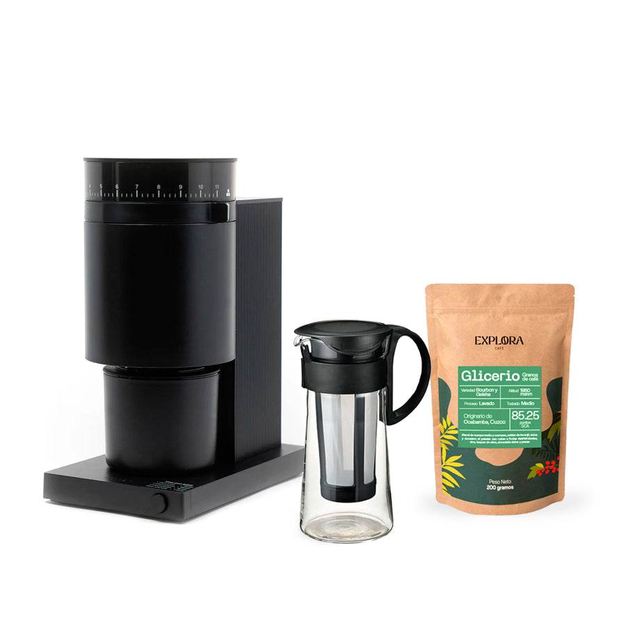 Starter pack with black Fellow Opus coffee grinder, Hario Mizudashi Cold Brew glass jar with fine mesh filter, and Glicerio specialty coffee beans.