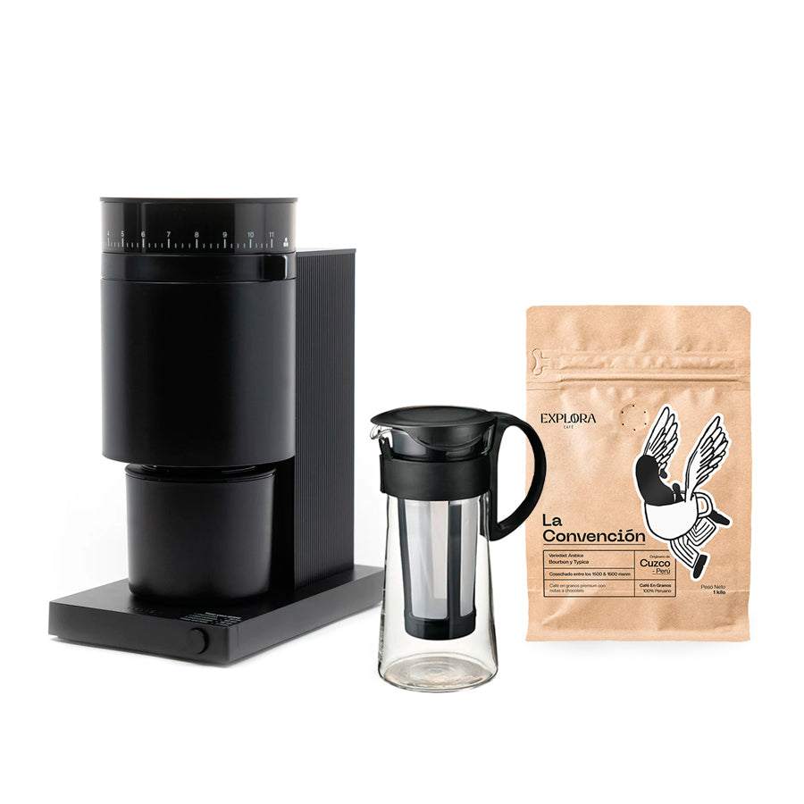 Hario Mizudashi Cold Brew starter pack with Fellow Opus black electric coffee grinder and La Convención specialty coffee beans