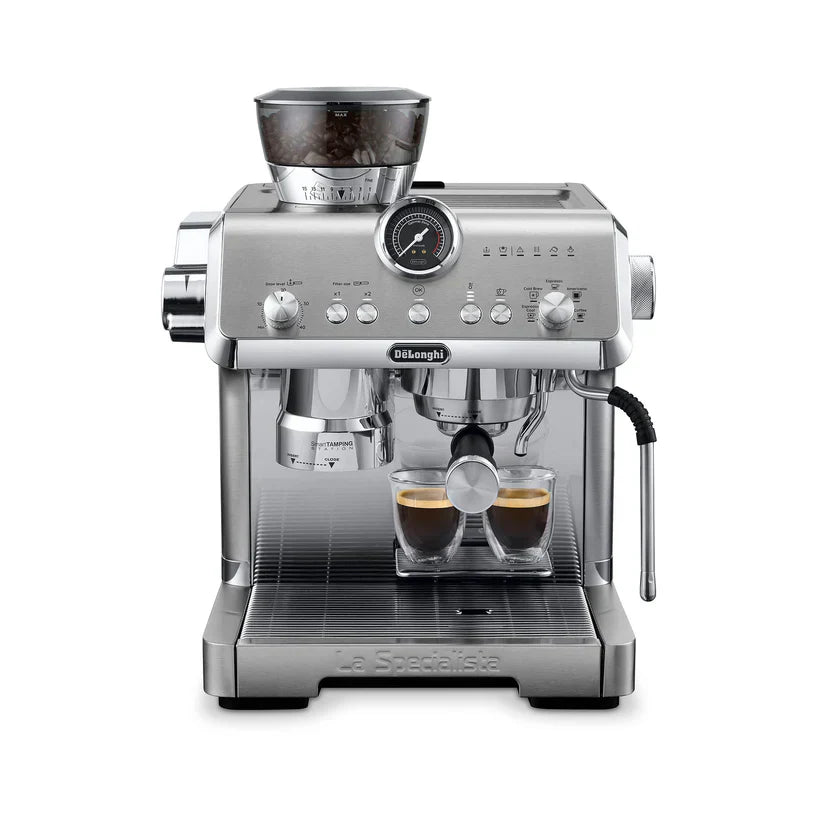De’Longhi La Specialista Opera espresso machine with integrated grinder and steam wand in stainless steel design