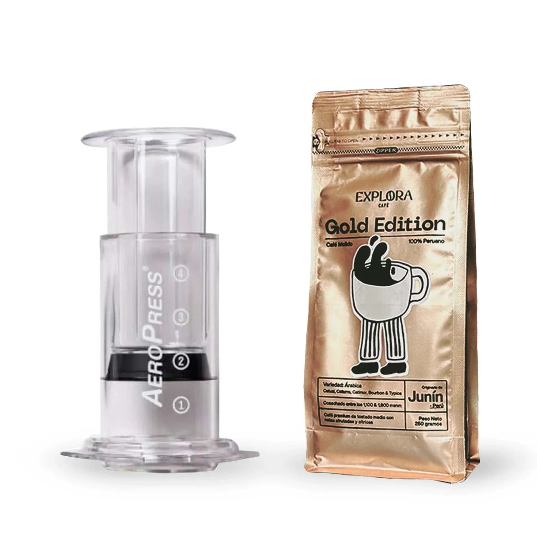 cafetera AeroPress Clear transparente con café en grano espresso Gold Edition