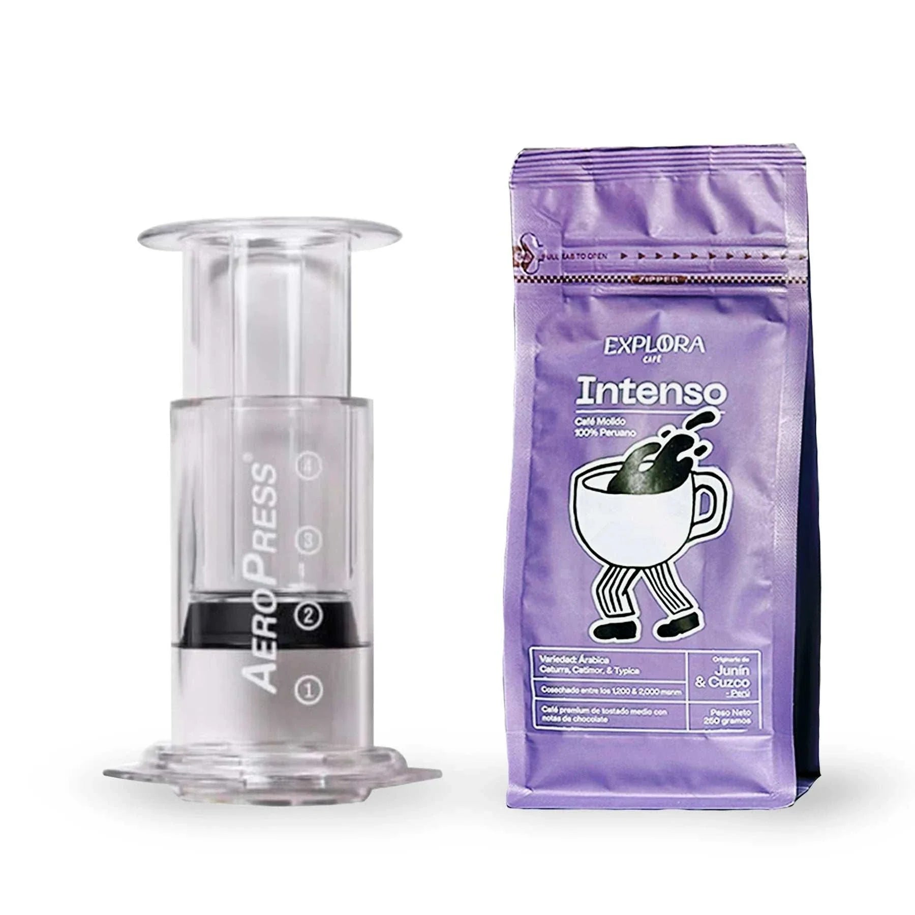 Cafetera AeroPress Clear transparente de Tritan con paquete de café Intenso Explora