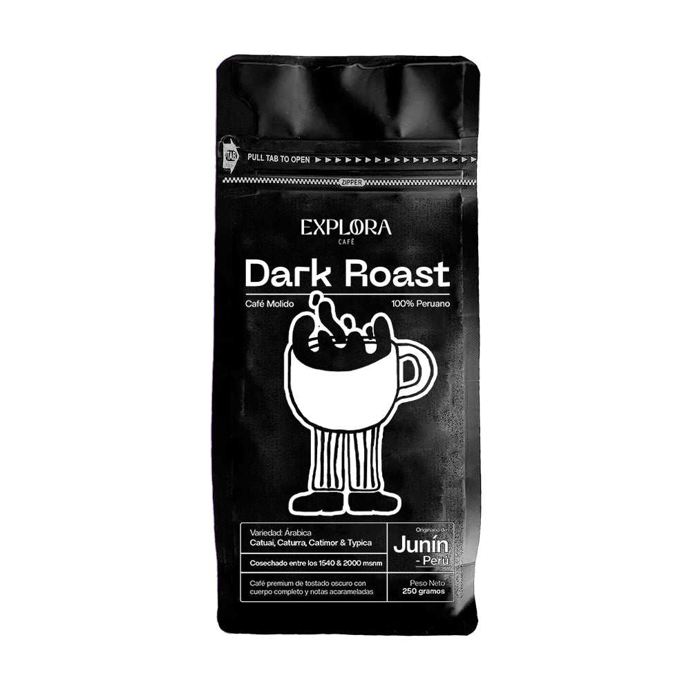 Explora Dark Roast-Café molido 250g packaging with cup illustration.
