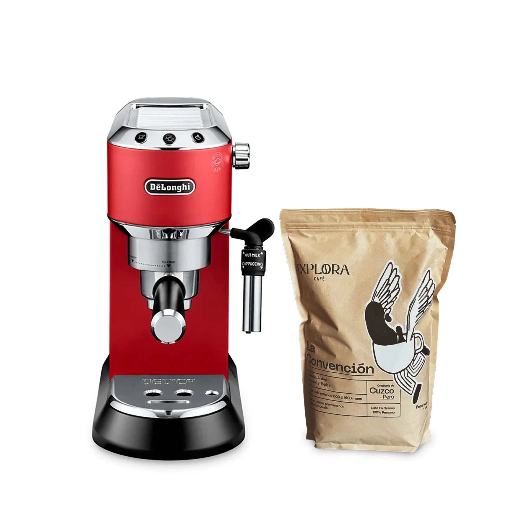 Red Delonghi Dedica espresso machine with 1kg Explora Convención coffee pack.