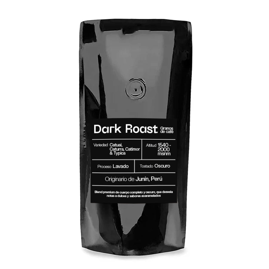 Paquete de café en grano de especialidad Dark Roast de 1 kilo, origen Junín Perú, tostado oscuro con notas de caramelo