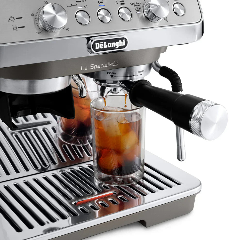 Delonghi La Specialista Arte Evo coffee machine with grinder and steam wand, showcasing brewing controls and cold brew feature