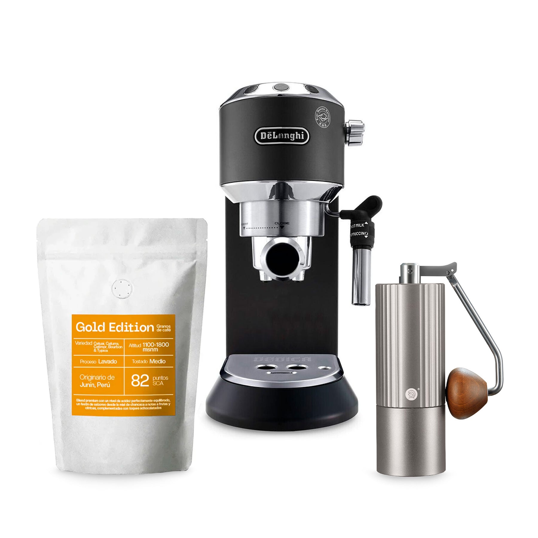 Explora Café | Combo: Delonghi Dedica Style - Negro + Café en Granos de Especialidad "Gold Edition", 1 Kilo + zeroHero Z3 Pro - Molino Manual