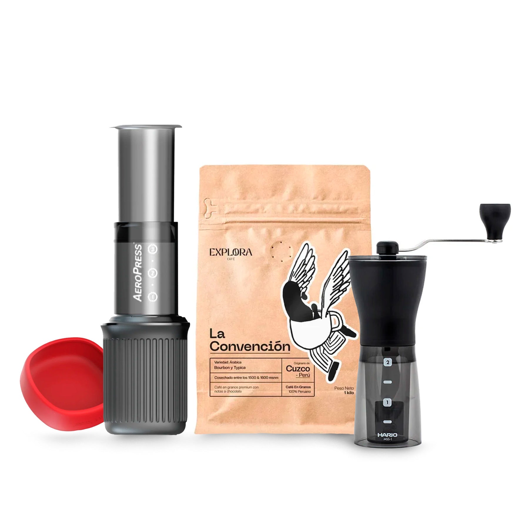 Explora Café | Combo: AeroPress GO - Cafetera a Presión 3 en 1 + Café en Granos de Especialidad "La Convención", 1 Kilo + HARIO Mini Slim Plus - Molino Manual