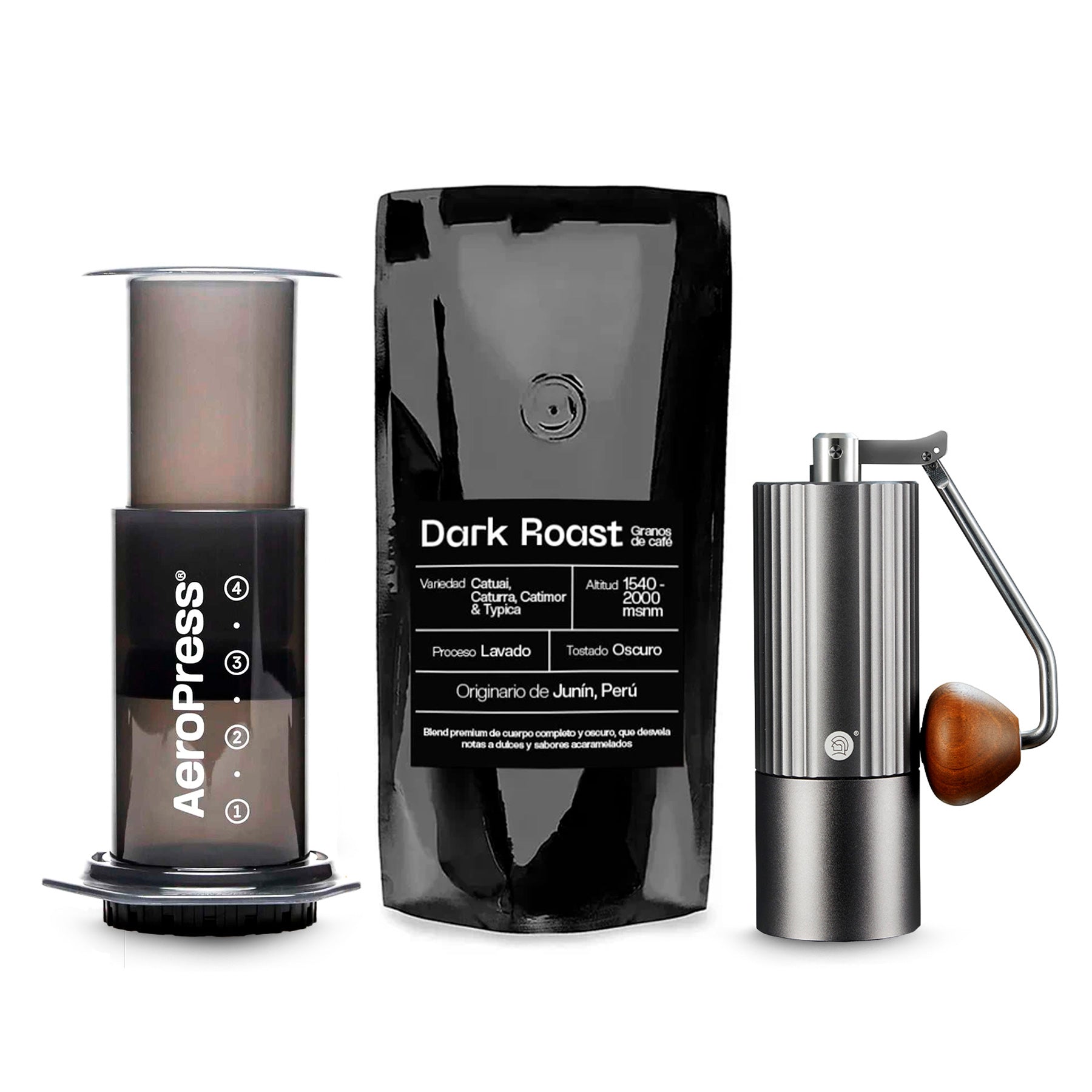 Explora Café | Combo: AeroPress Original + Café en Granos de Especialidad "Dark Roast", 1 Kilo + zeroHero Z3 - Molino Manual