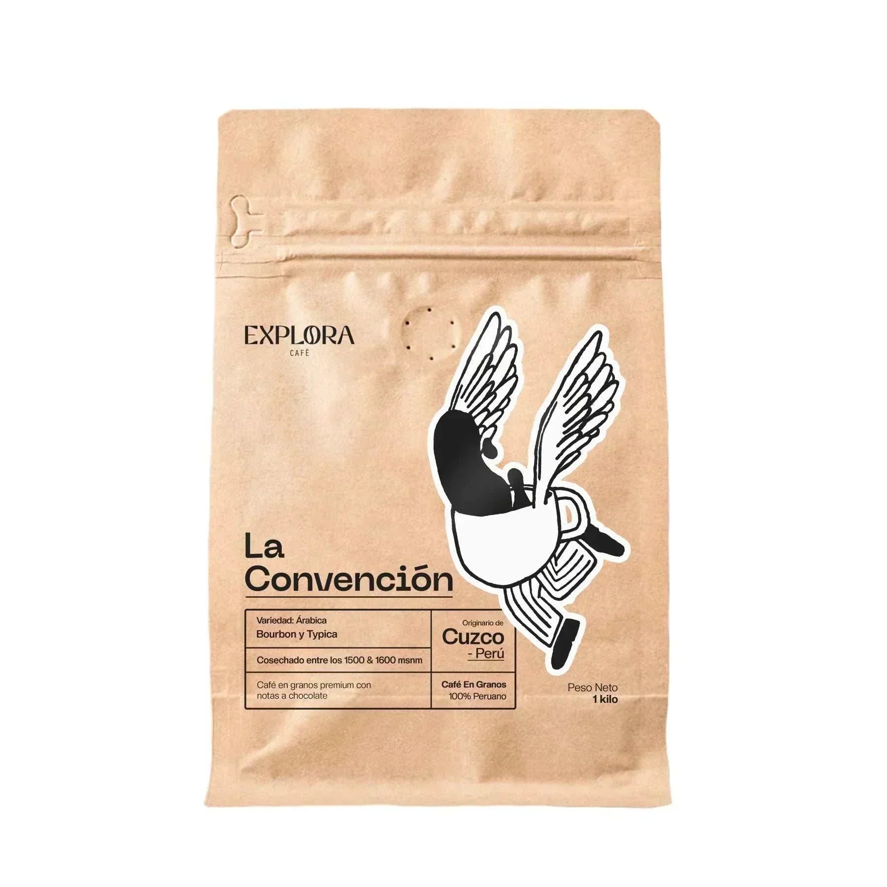 Café de especialidad en grano- 1kg La Convención Cusco, Typica y Caturra variedades, notas de chocolate amargo, tostado medio/alto.
