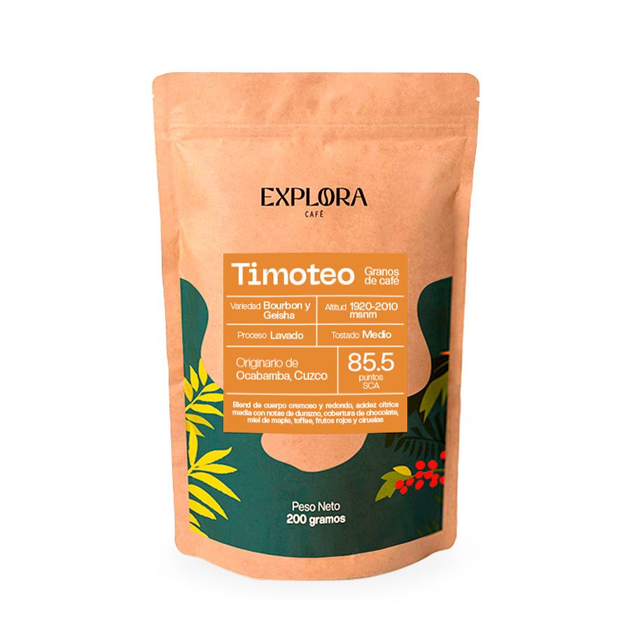 Paquete de café de especialidad en grano Timoteo 200g de Ocabamba Cusco con tostado medio y perfil frutal y dulce
