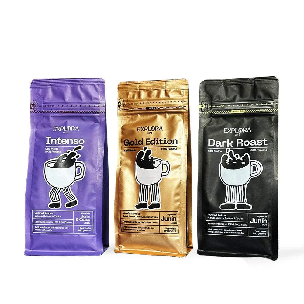 Pack Explora Degustación featuring three specialty ground coffees: Intenso, Gold Edition, and Dark Roast, with flavors of chocolate, fruity honey, and caramel.