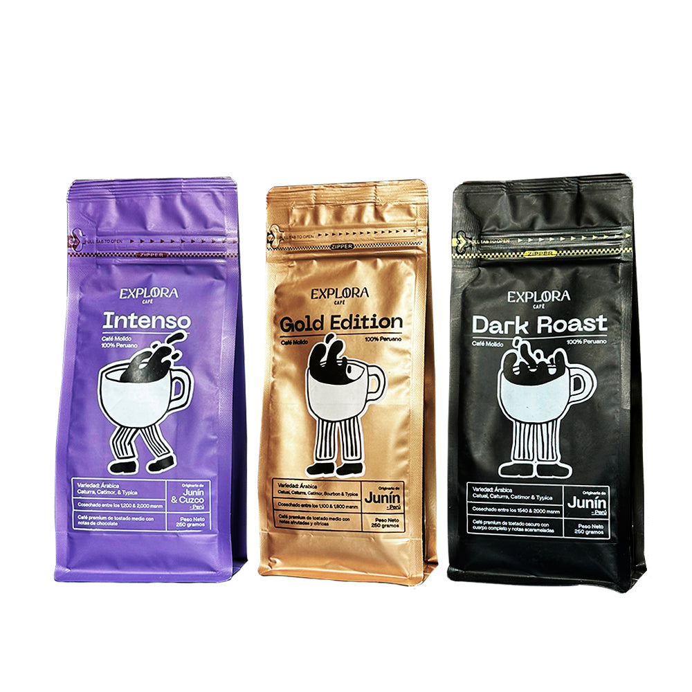 Pack Explora degustación con café molido especialidad variedades Intenso, Gold Edition y Dark Roast de Junín y Cuzco.
