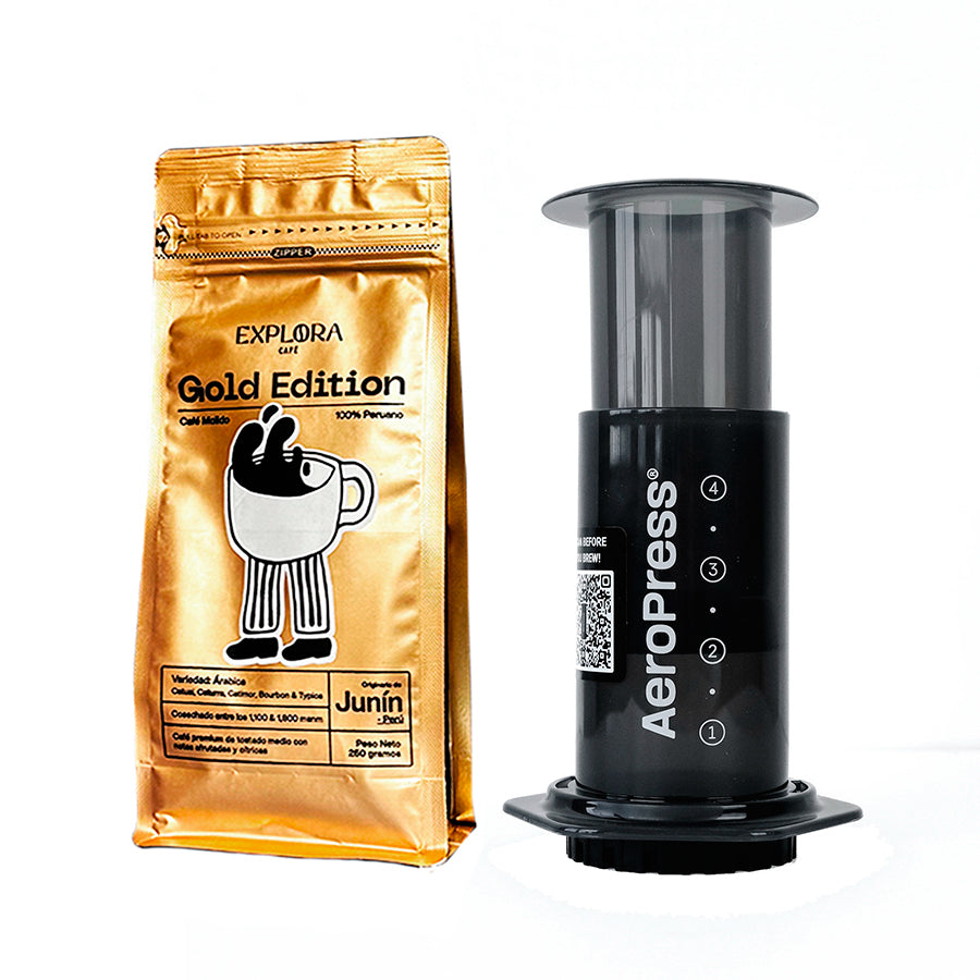 Pack Aeropress Gold con cafetera Aeropress Original y café premium Explora Gold en bolsa dorada
