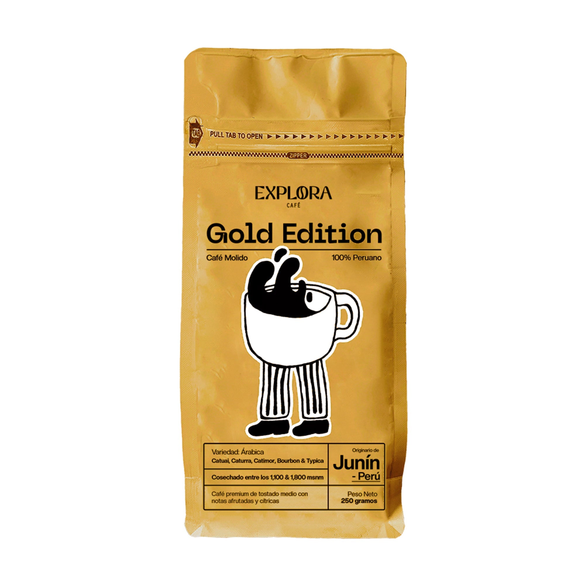 Bolsa de café molido Explora Gold Edition en empaque amarillo para pack Aeropress Gold