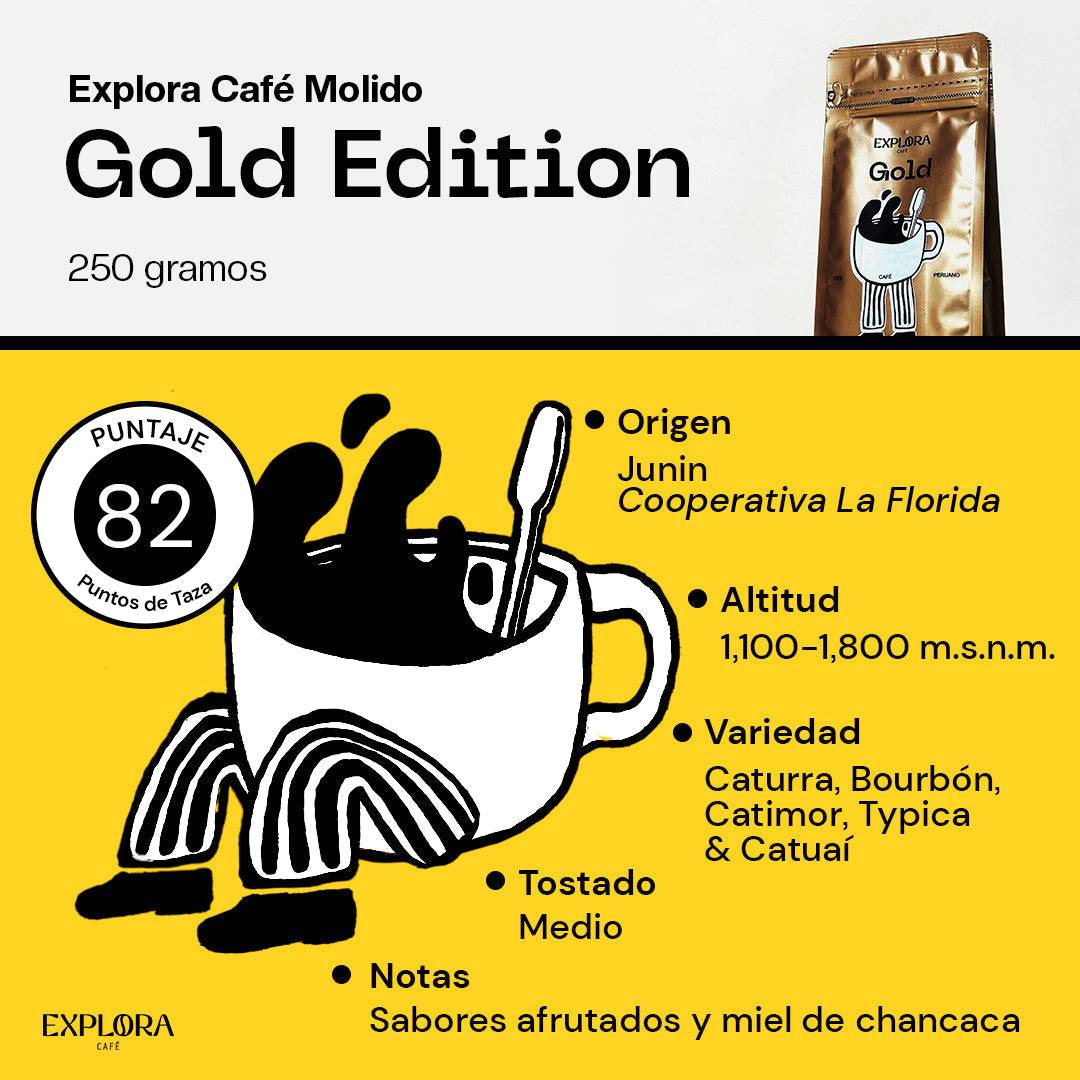 Caf3 molido de especialidad Explora Gold 250g con notas afrutadas y miel de chancaca, origen Junín, tostado medio.
