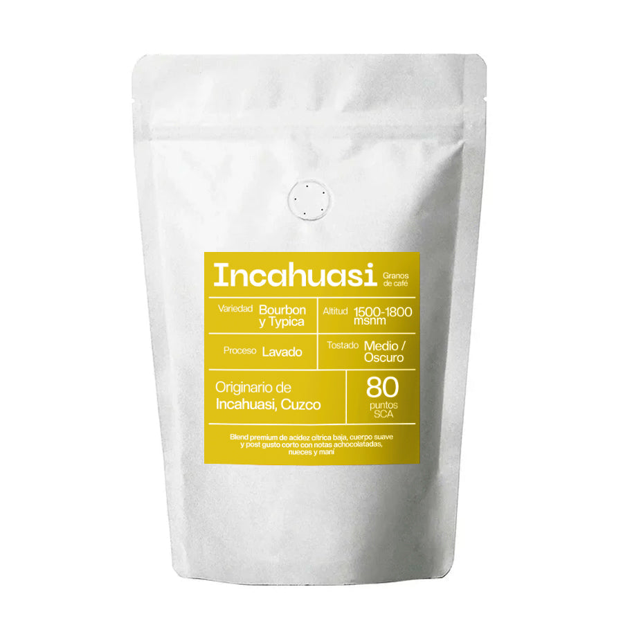 Café en grano Incahuasi 1kg de especialidad con tostado medio, origen Cuzco, variedades Bourbon y Tipica, perfil achocolatado, notas de nueces y maní, cuerpo suave y acidez baja