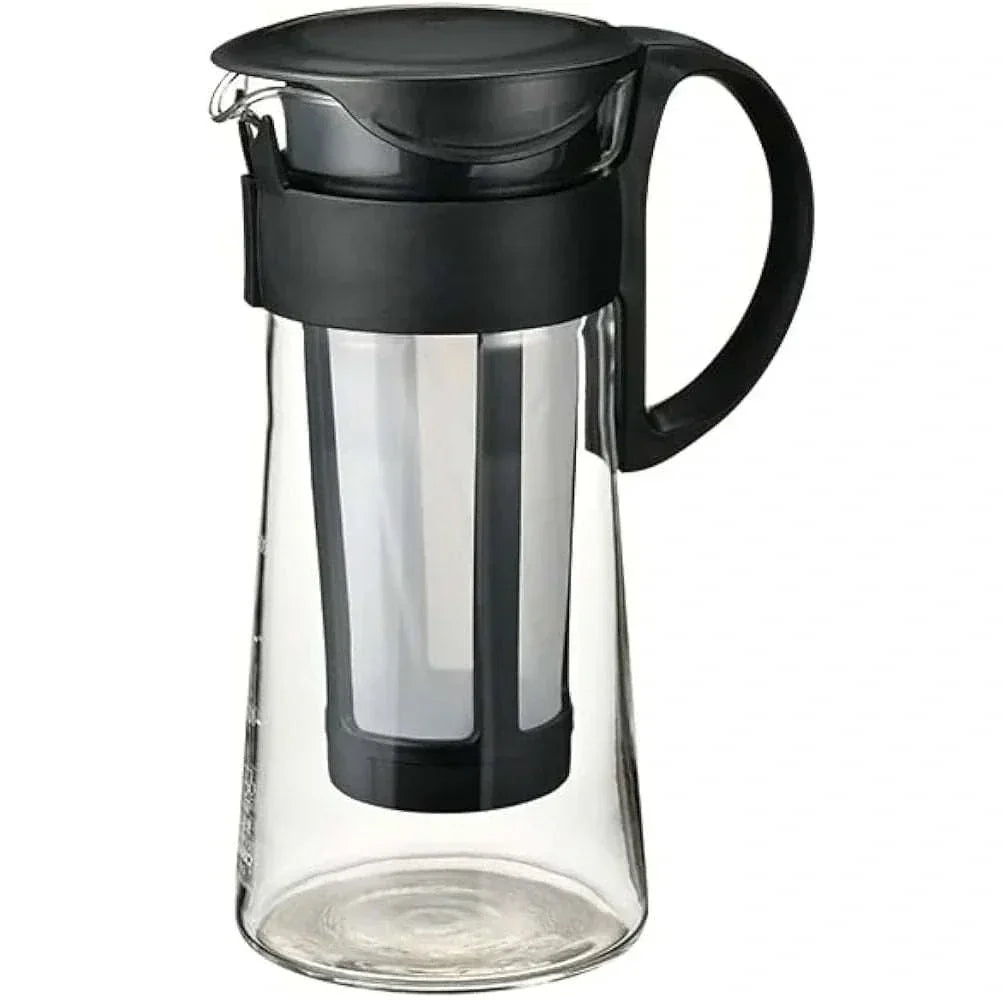 Cafetera Mizudashi cold brew de vidrio 600ml con filtro de malla fina y tapa negra para café frío suave