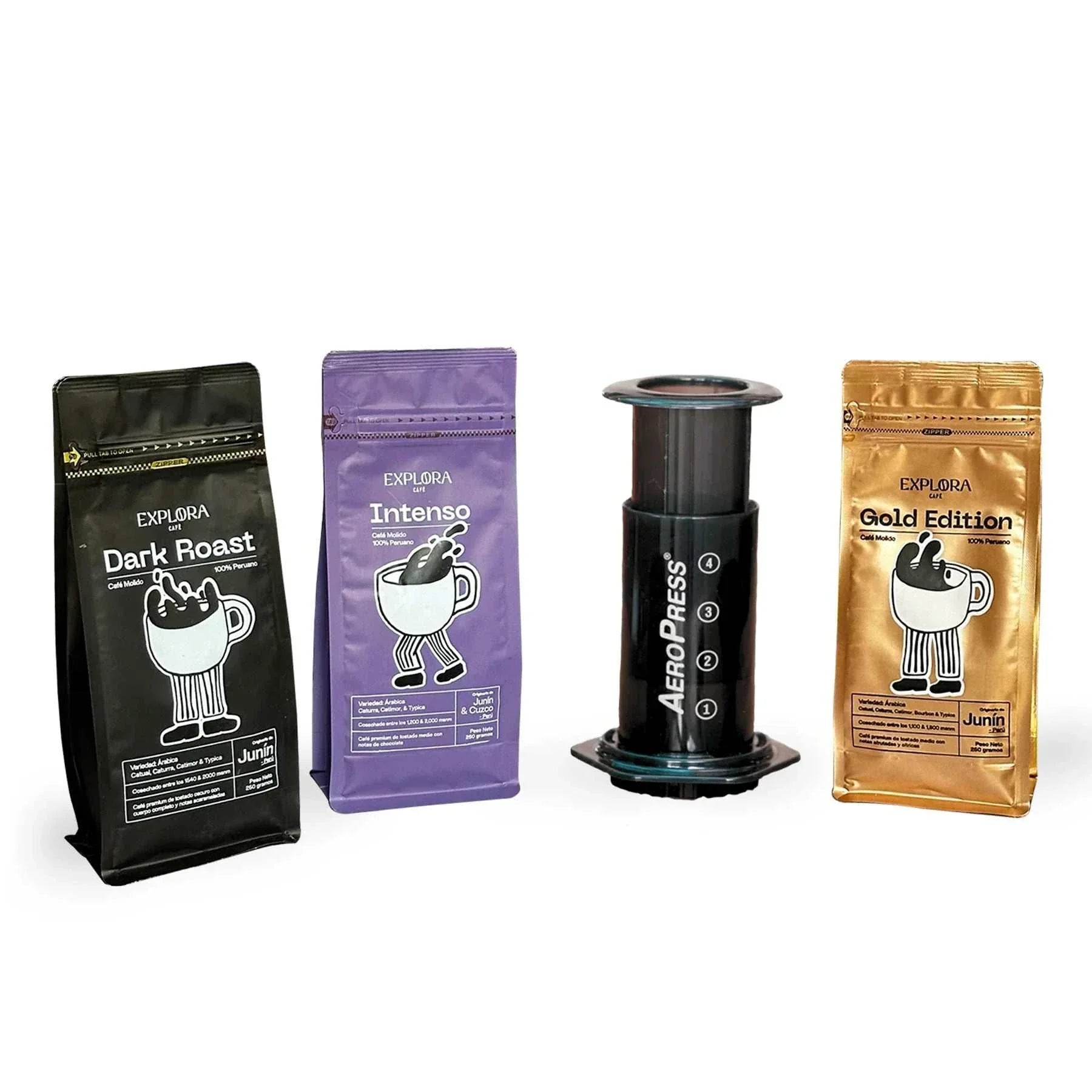 Starter pack with Cafetera AeroPress coffee maker and three bags of ground coffee in Dark Roast, Intenso, and Gold Edition varieties