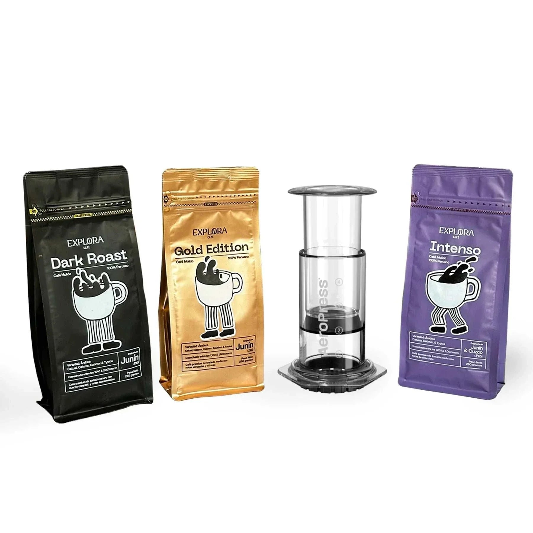 Starter pack with transparent AeroPress Clear coffee maker and three bags of ground coffee in black, gold, and purple packaging
