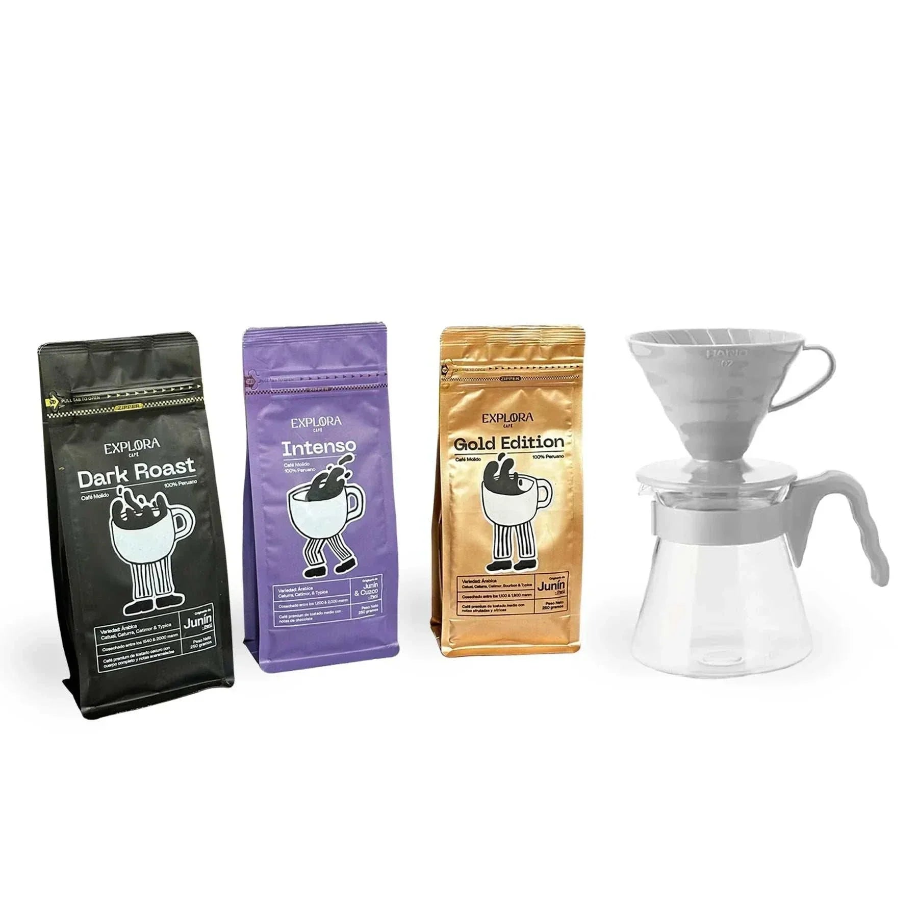 Kit de V60 con dripper blanco y jarras, y tres bolsas de café molido Dark Roast, Intenso y Gold Edition para 1-4 tazas.