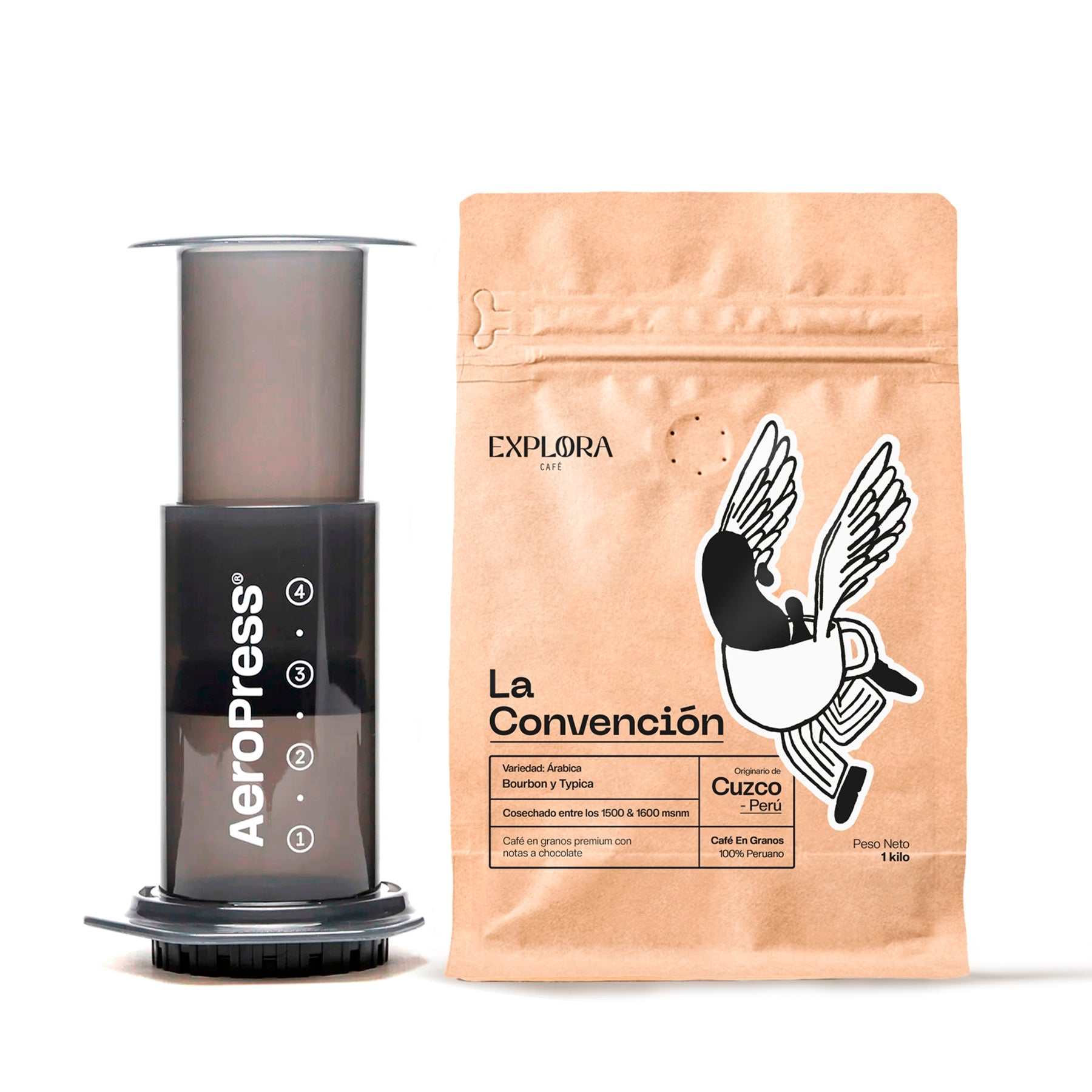 AeroPress coffee maker with 1kg pack of La Convención specialty coffee from Cusco, Peru, featuring notes of intense dark chocolate.