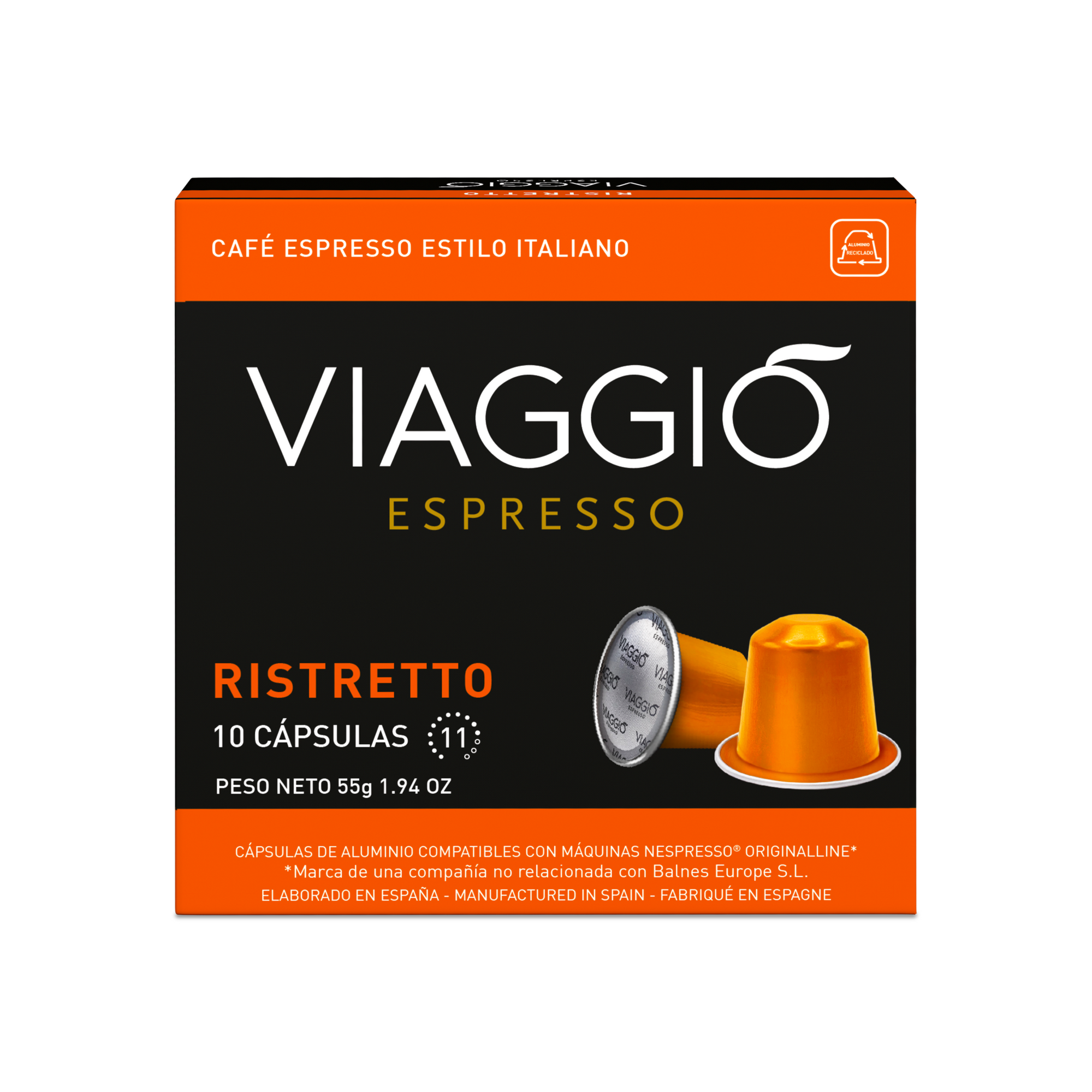 Viaggio Ristretto espresso coffee capsules compatible with Nespresso machines, Italian-style intense flavor, 10 aluminum capsules in black and orange box.